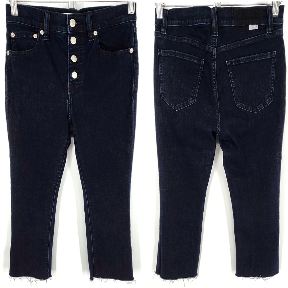 DAZE High Rise Crop Flare Jeans Raw Hem Dark Wash Stretch SZ 26
